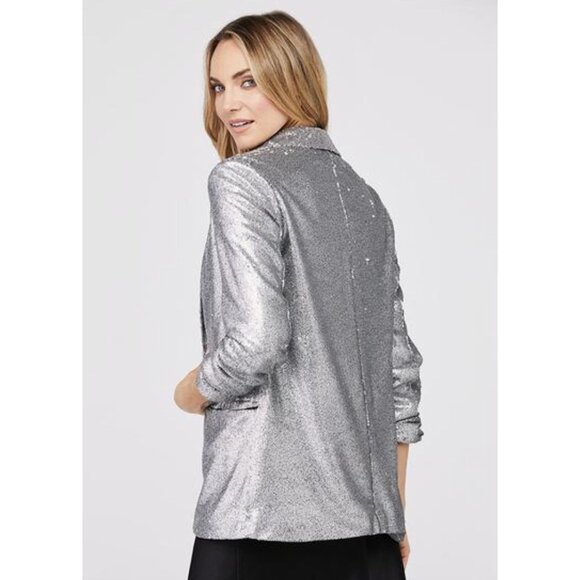 David Lerner Hailey Oversized Blazer Jacket Ruched‎ Sleeves Silver Sequin Size S - Picture 2 of 10